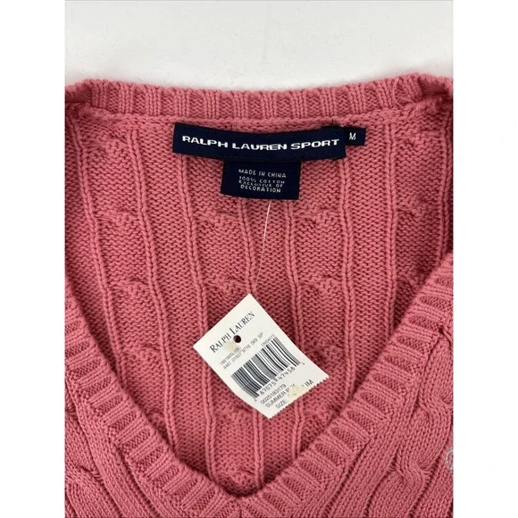 RALPH LAUREN Sport Women's Summer PINK CABLE KNIT V NECK SWEATER NWT Medium - Picture 3 of 8